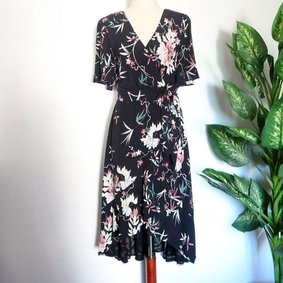 Matty M Spokane Black Floral Ruffle Hem Short Flutter Sleeve Dress Size XS - Picture 5 of 14